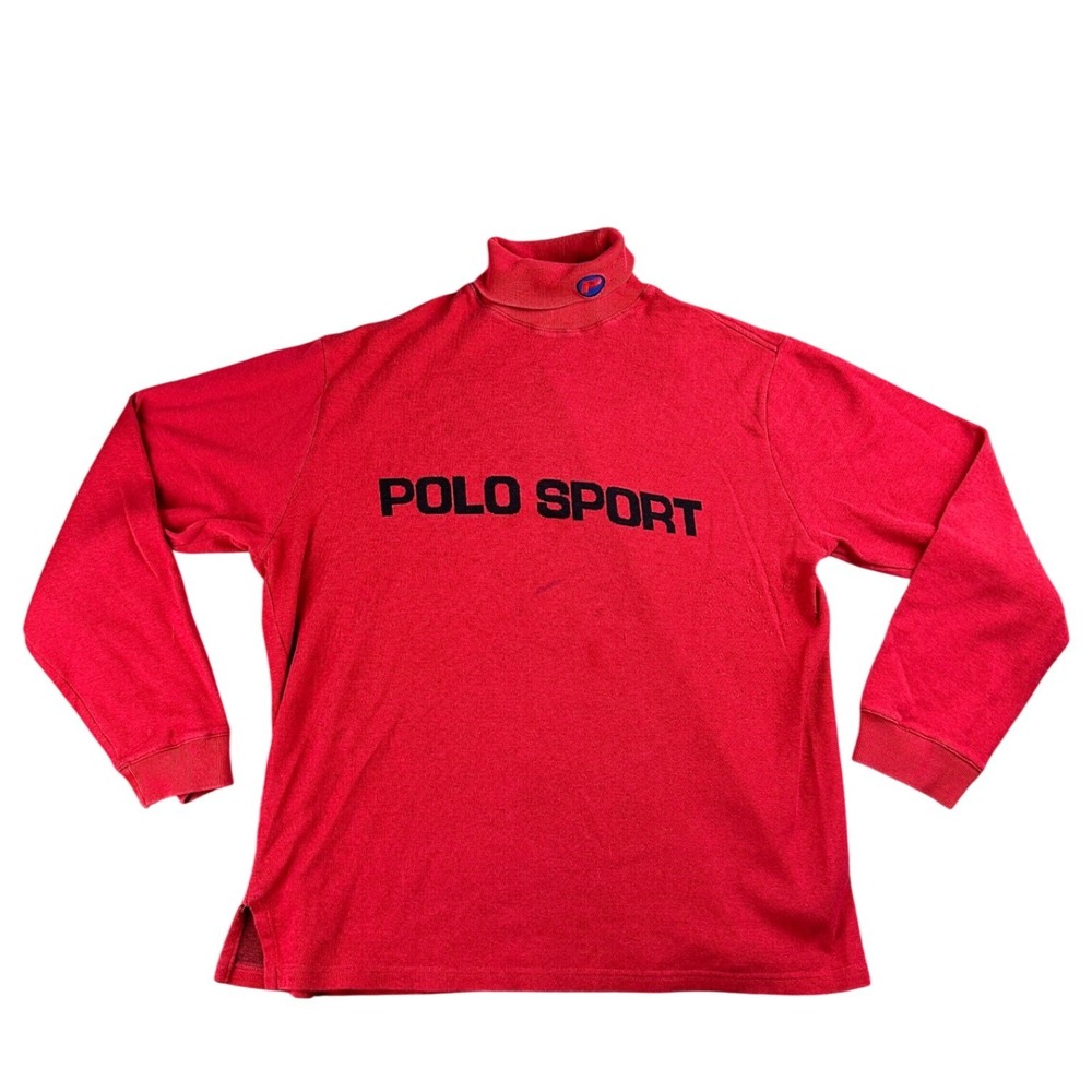 Vintage Polo Sport Ralph Lauren Shirt‎ L Red Logo Spellout Mock Neck USA Made